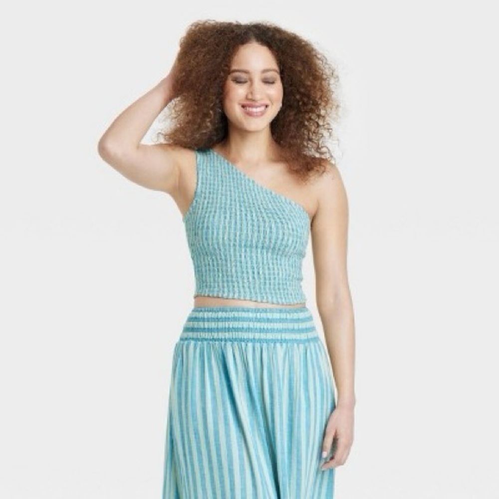 A New Day One Shoulder smocked blue stripe Tank Top